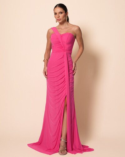 Foto Vestido de Festa Longo Tule Tomara que Caia Faixa Detalhe Drapeado e Fenda Pink