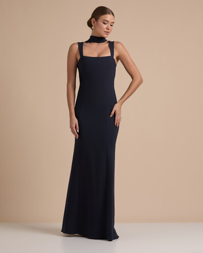 Foto Vestido de Festa Longo Alfaiataria Alça Larga e Lenço Azul Marinho Escuro