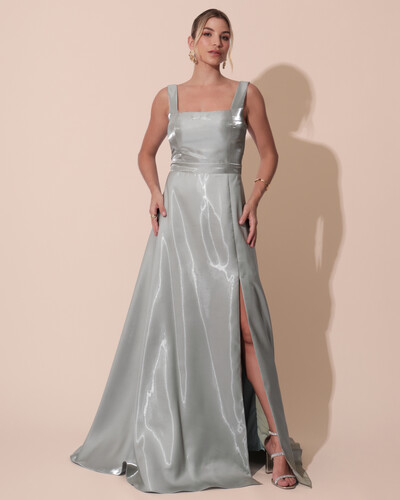 Foto Vestido de Festa Longo Zibeline Cristal com Fenda e Faixa Verde Menta