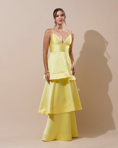 Foto Vestido de Festa Longo Zibeline em Camadas Decote em V com Alças Amarelo Manteiga