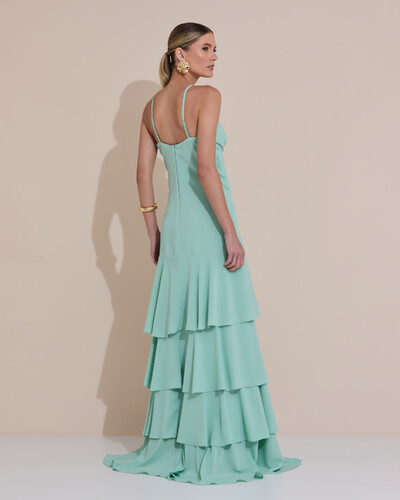 Foto Vestido Longo Crepe com Babado em Camadas Verde Menta