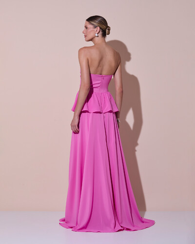 Foto Vestido de Festa Longo Crepe Chiffon Tomara que Caia Peplum Drapeado Rosa New