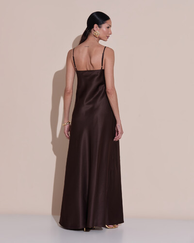 Foto Vestido de Festa Midi Drapeado Cetim Marrom