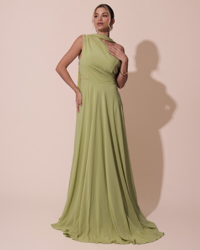 Foto Vestido de Festa Longo Crepe Chiffon Um Ombro Só Drapeado com Lenço Verde Garden
