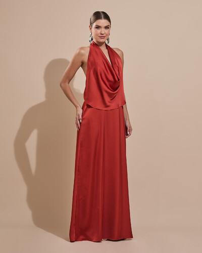 Foto Vestido de Festa Longo Cetim Fluido Frente Única Degagê Mil Formas Terracota