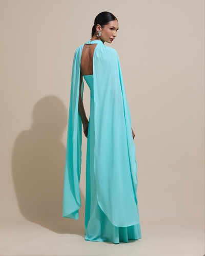Foto Vestido de Festa Longo Tomara Que Caia Crepe Chiffon Drapeado Capa Tiffany