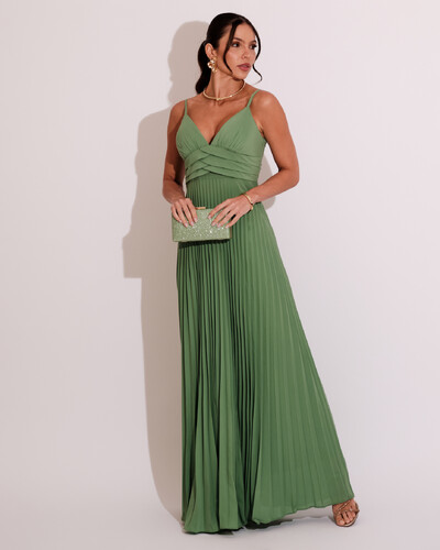 Foto Vestido de Festa Longo Plissado Crepe Chiffon com Alça Verde Claro