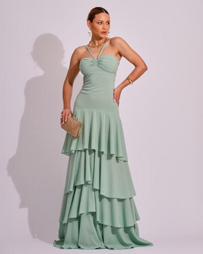 Foto Vestido Longo Frente Única em Crepe com Babados e Camadas Verde Menta