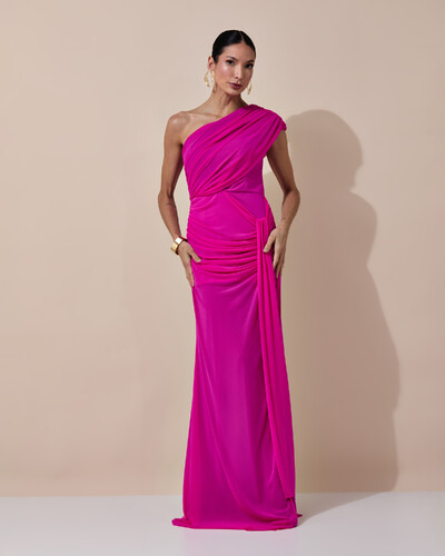 Foto Vestido de Festa Longo Um Ombro Só Tule Drapeado Faixa Pink New
