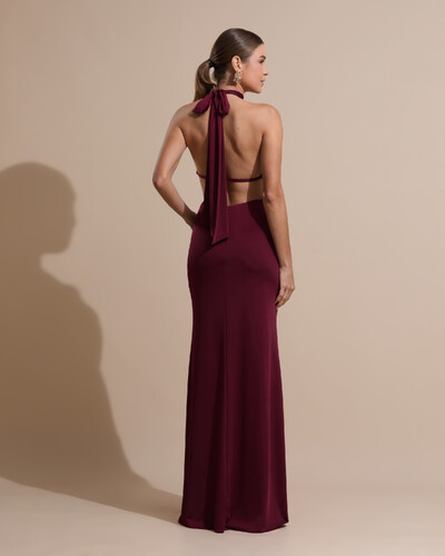 Foto Vestido de Festa Longo Malha Jersey Gola Alta Saia Sereia Marsala