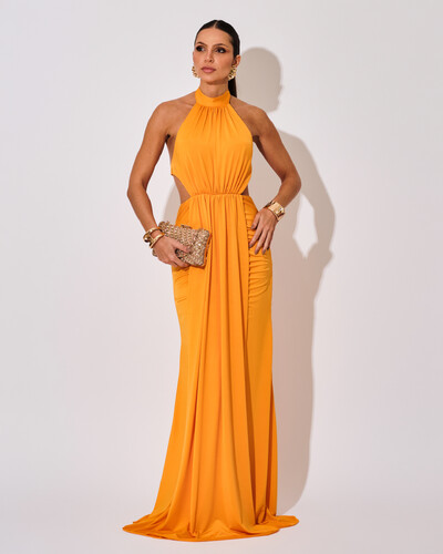 Foto Vestido de Festa Longo Malha Jersey Gola Alta Saia Sereia Laranja Manga