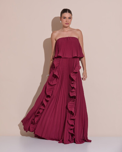 Foto Vestido de Festa Longo Crepe Chiffon Tomara que Caia Plissado com Babado Cascata Marsala New