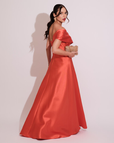 FotoVestido de Festa longo Faixa Ombro e Fenda Zibeline Laranja