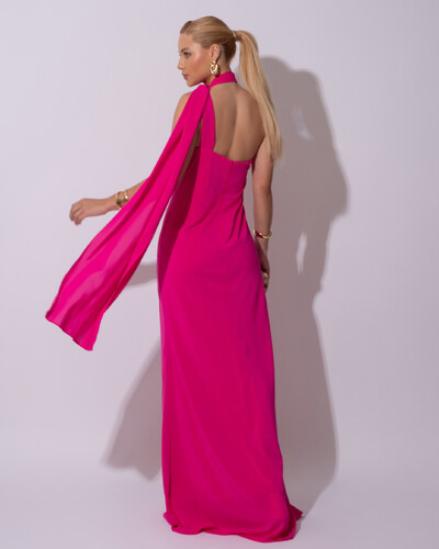 FotoVestido de Festa Longo Crepe Chiffon Um Ombro Só Drapeado Lenço Fixo Lenço Pink