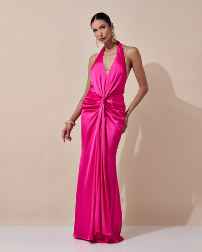 Foto Vestido de Festa Longo Frente Única Decote V Cetim Drapeado Faixa Pink