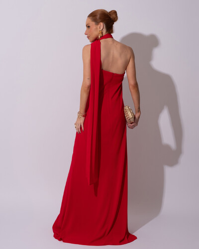 FotoVestido de Festa Longo Crepe Chiffon Um Ombro Só Drapeado Lenço Fixo Vermelho