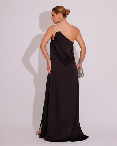 FotoVestido de Festa Longo Cetim Um Ombro Só Preto