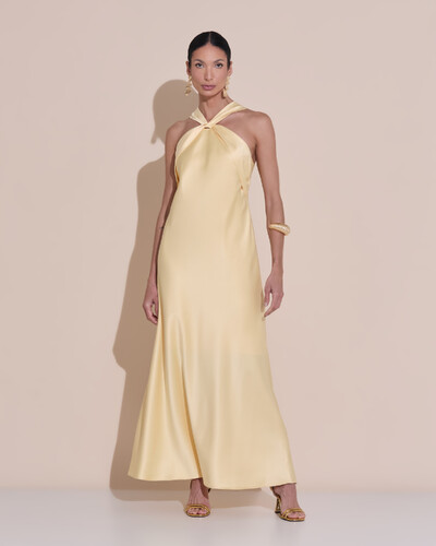 Foto Vestido de Festa Midi Frente Única Cetim Amarelo Manteiga