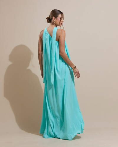 FotoVestido de Festa Longo Crepe Fluido um Ombro Só com Lenço Tiffany
