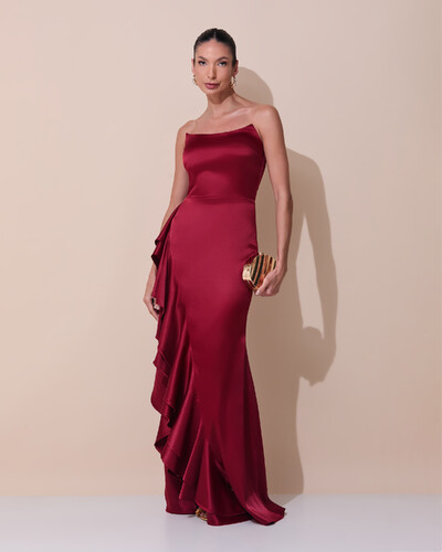 Foto Vestido de Festa Longo Tomara que Caia Cetim Babado Fenda Marsala
