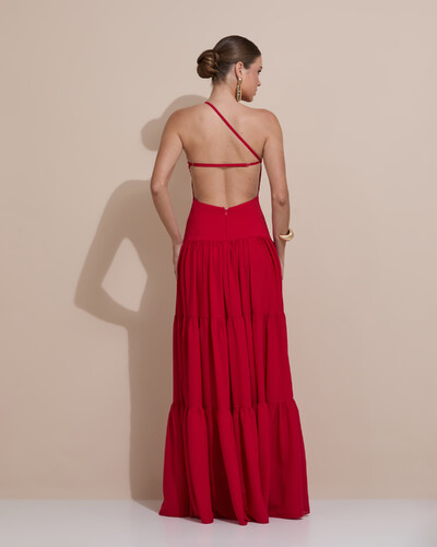 Foto Vestido de Festa Longo Um ombro Só Crepe Chiffon Saia Fluida Vermelho