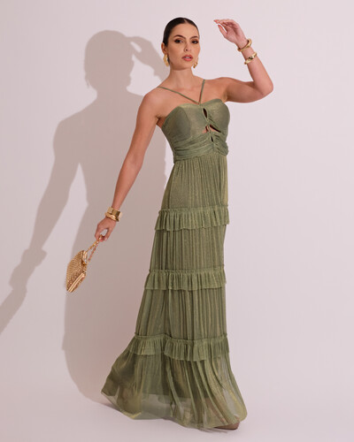 Foto Vestido de Festa Longo Tule com Saia Babado Verde Oliva