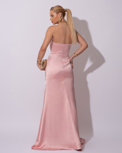 FotoVestido de Festa Longo Cetim Alfaiataria Tomara que Caia Fenda Rose Gold