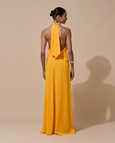 Foto Vestido de Festa Longo Frente Única Busto Blousê Crepe Chiffon Drapeado Laranja Manga New