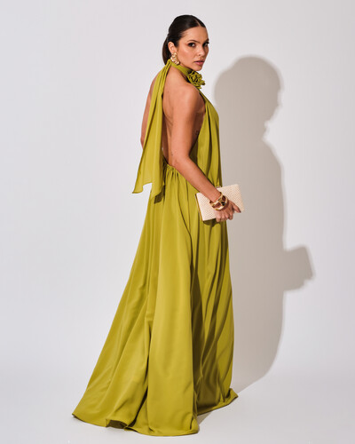 FotoVestido Longo Crepe Chiffon Frente Única Fluido Flor Removível Verde Lima