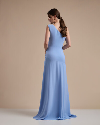 FotoVestido de Festa Longo Crepe Chiffon Um Ombro Só Drapeado com Babado Cascata Serenity