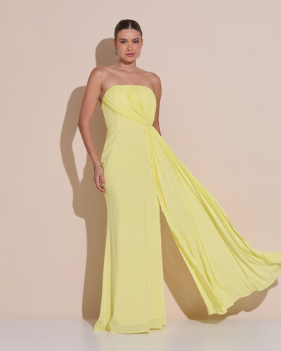 Foto Vestido de Festa Longo Tomara Que Caia Crepe Chiffon Plissado Lenço Amarelo Manteiga