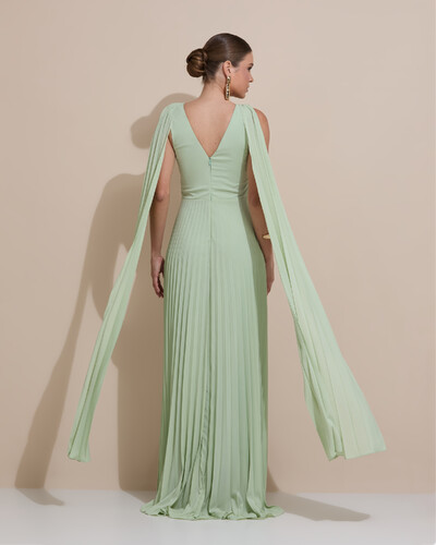 Foto Vestido de Festa Longo Crepe Chiffon Plissado com Lenço nas Alças Verde Menta New