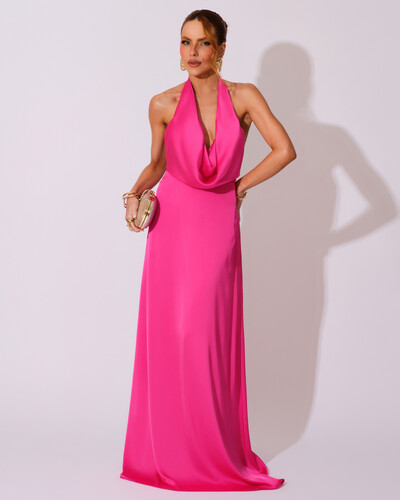 Foto Vestido de Festa Longo Frente Única Degagê Cetim Fluido Pink