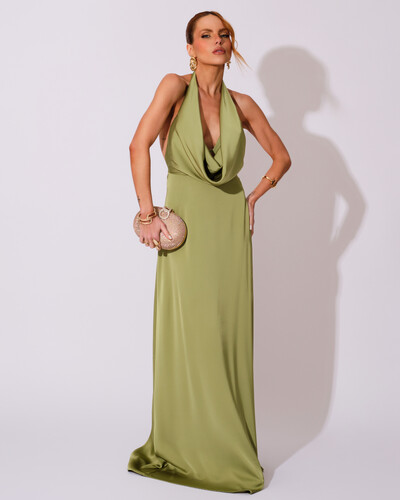 Foto Vestido de Festa Longo Frente Única Degagê Cetim Fluido Verde Pistache