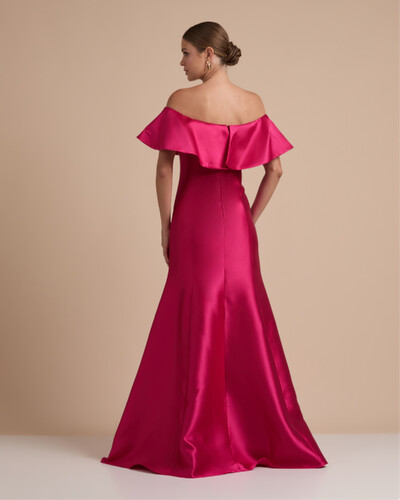 FotoVestido de Festa Longo Zibeline Ombro a Ombro com Babado Pink New