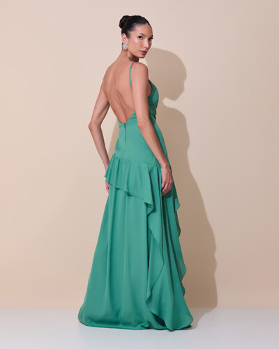 Foto Vestido de Festa Longo Decote Drapeado Crepe Chiffon Fenda Babado Camadas Verde Matcha Escuro