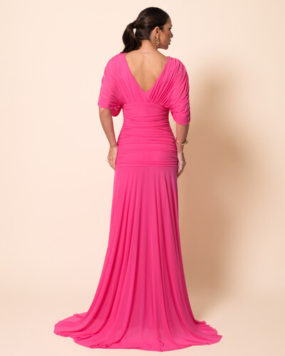 FotoVestido de Festa Longo Tule Manga Curta Drapeado Pink