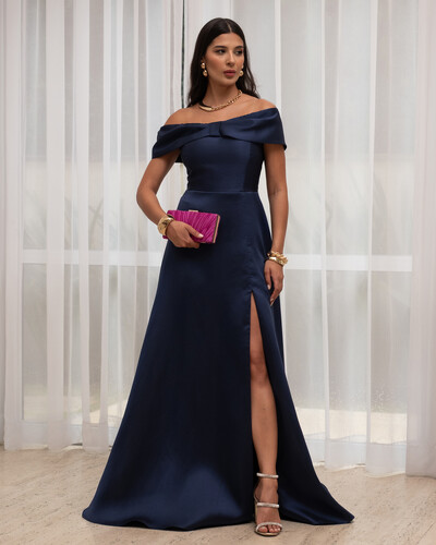 Foto Vestido de Festa Longo Ombro a Ombro Laço Zibeline com Fenda Azul Marinho