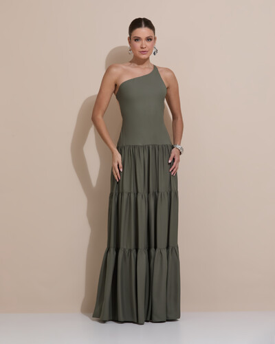 Foto Vestido de Festa Longo Um ombro Só Crepe Chiffon Saia Fluida Verde Oliva