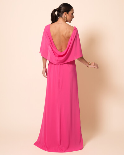 FotoVestido de Festa Longo Crepe Chiffon com Capa e Degagê nas Costas Pink New