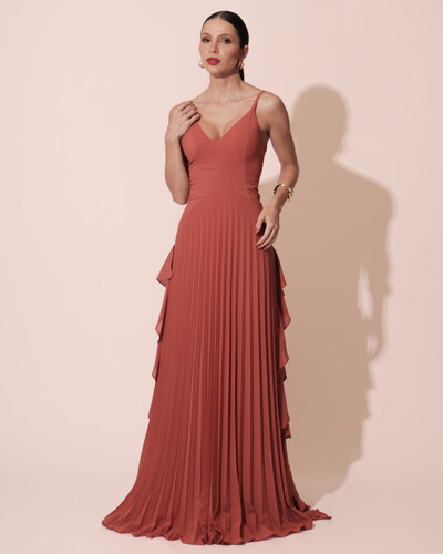 Foto Vestido de Festa Longo Crepe Chiffon Alça Fina Saia Plissada com Babado Cascata Terracota