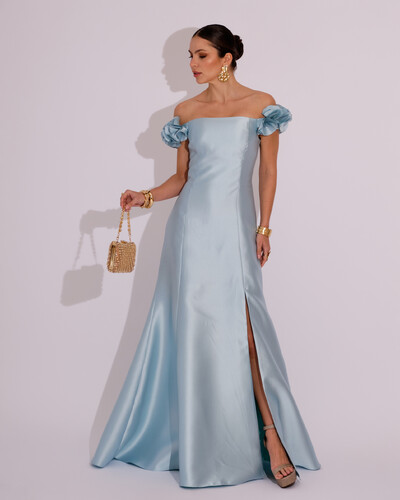 Foto Vestido Longo de Festa Zibeline Ombro a Ombro com Flores e Fenda Serenity