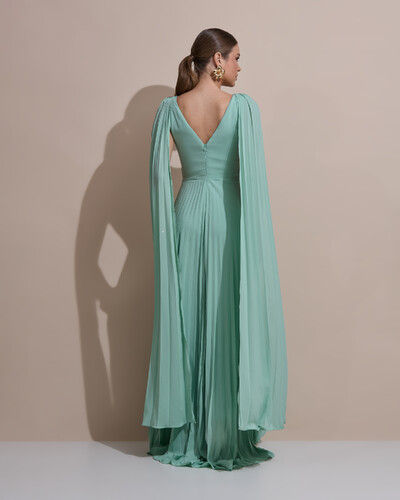 Foto Vestido de Festa Longo Crepe Chiffon Plissado com Lenço nas Alças Verde Menta