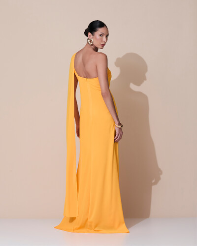 Foto Vestido de Festa Longo Crepe Chiffon Um Ombro Só Drapeado Laranja Manga New