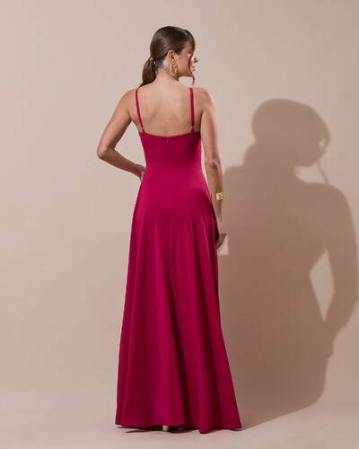 Foto Vestido de Festa Longo Crepe Chiffon Drapeado com Alças e Saia Fluida Cereja