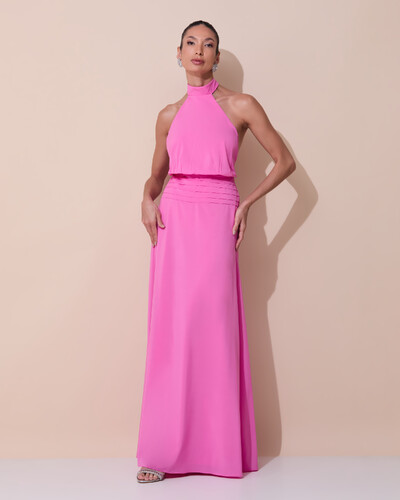 Foto Vestido de Festa Longo Frente Única Busto Blousê Crepe Chiffon Drapeado Rosa New