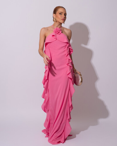 Foto Vestido de Festa Longo Crepe Chiffon Frente Única Babados Cascata e Flor Rosa