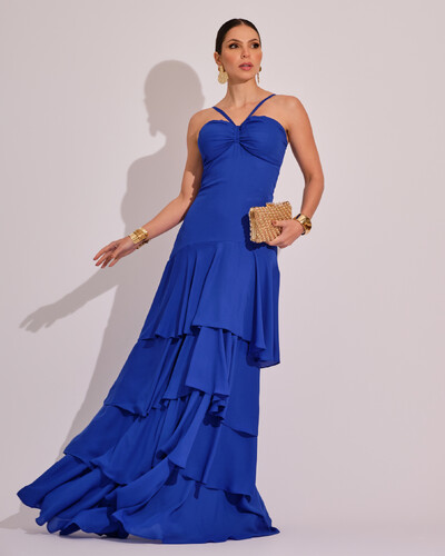 Foto Vestido Longo Crepe com Babado em Camadas Azul Royal