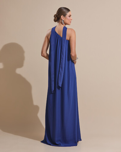 FotoVestido de Festa Longo Crepe Fluido um Ombro Só com Lenço Azul Marinho