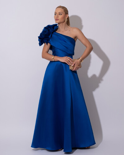 Foto Vestido de Festa Longo Zibeline um Ombro Só Flor Drapeado Azul Royal